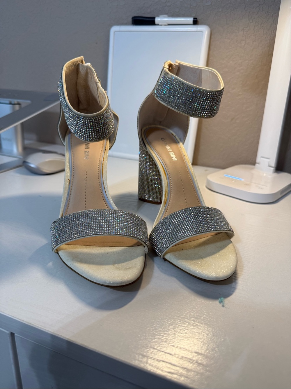 Gianni Bini Silver Rhinestone Ankle-Strap Block Heels
